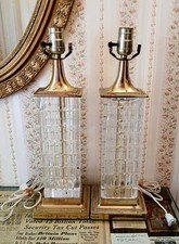 Vintage MCM Dresden Signed Crystal Block Column Brass Table Lamps Pair Works 19