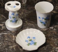 Vintage 1950's Lefton Porcelain Vanity Bathroom Set w/ Blue Flowers Cottagecore picture