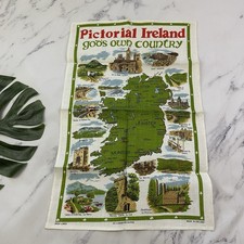Vintage 70s Ireland Souvenir Linen Tea Towel New Green Red Map Pictorial Irish picture