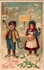1908 HAPPY NEW YEAR KIDS SELLING POSTCARDS EMBOSSED VICTORIAN ANTIQUE POSTCARD picture