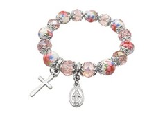 Christian Pink Crystallized Glass Beaded Bracelet Miraculous Medal Silver Cross picture