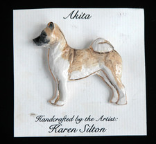 Artisan Handcrafted Porcelain Akita Pin Brooch Signed Karen Silton picture