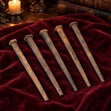 VINTAGE COFFIN NAILS SET OF 5 LARGE 4.5” SQUARE CUT GOTHIC ODDITIES CURIOSITIES picture
