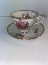 Vintage Grantcrest China Teacup & Saucer Set Japan Pink Rose Reticulated Gold picture