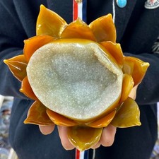 1.19LB Natural Agate Geode Carved Lotus Flower, Hand Carved Healing Crystal Home picture