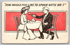 Antique 1907 Comic Postcard Would You Like to Spoon? Couple Sharing Dessert picture