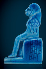 Ancient Egyptian Blue Faience Seated Figure Pharaoh Deity Hieroglyphic Statue picture