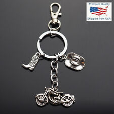 Classic Motorcycle Cowboy Hat Boot Spur 3-Charm Keychain with Clip Gift picture