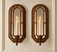 Vintage Wood Mirrored Wall Sconces Pair Taper Candle Holder Dark Academia Gothic picture