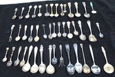 LOT OF 44 + VINTAGE OLD SOUVENIR SPOONS SILVER TONE SILVER PLATE PEWTER ENAMEL picture