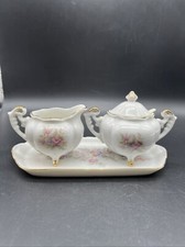 Vtg Lefton China Hand Painted Rose Floral Creamer Covered Sugar Tray Set 7051 picture