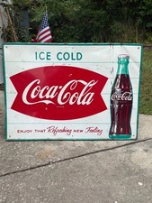 c.1950s Original Vintage Coca Cola Sign Metal Fishtail Soda Gas Oil AUTHENTIC picture