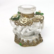 Vintage Signed Czech Jeweled Cut Crystal Mini Perfume Bottle Base 1920s Stand picture