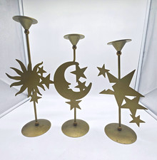 Vtg 90s Tapered Celestial Candle Holder Set Whimsigoth Brass Metal Sun Moon Star picture