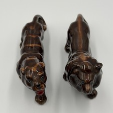 Vintage Japan Ceramic Lion & Lioness Figurines Brown Glazed Mid Century Pair 6” picture