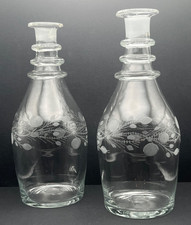 Antique Early American Mouth Blown 3 Ringed Etched Floral Glass Wine Decanters picture