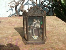 ANTIQUE MEXICAN GLASS FRONT SOLDERED TIN NICHE WITH PREIST & CHILD FIGURES picture