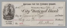 1879 Bank Check ASYLUM FOR THE CHRONIC INSANE  Worcester MA - Nice picture