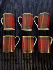 Lauren Ralph Lauren Cornwall Tartan Coffee Mugs Set of 6 Red Plaid Gold Trim picture
