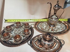 RARE Antique Handmade Copper Etched Turkish Tea Coffee Espresso Serving Set picture