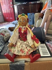 Vtg Gromada Polish Wooden Costume Doll Girl With Black Vest Flower Braids W/Tag picture