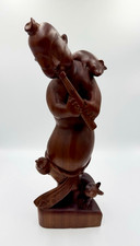 Vintage Hand Carved South East Asia Hard Wood Folk Art Sculpture Flutist w/ Rats picture