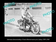 OLD POSTCARD SIZE PHOTO OF SALESMAN WITH FRANCIS BARTNETT MOTORCYCLE c1940 picture