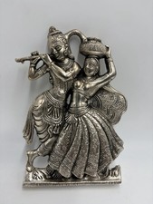 Folk Art India Lord Radha Krishna Silver Tone Metal Dancing 6” Hindu Wall Art picture