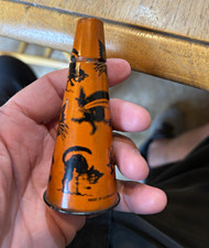 VINTAGE ANTIQUE HALLOWEEN GERMANY HORN TIN Witch, Black Cats, Jack O Lantern picture