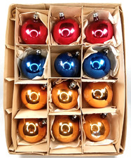 Poland Glass Christmas Ornament Oblong Set Of 12 With Box Vintage 1950s picture