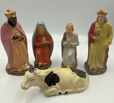 Vtg German Nativity Figures Kneeling Mary Joesph Wiseman Cow Lot of 5 Germany picture