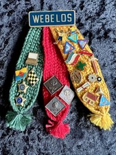 Vintage Webelos Colors Ribbon with 22 Cub Scout Activity Pins Rank Metal Badges picture