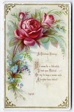 Victorian CHRISTMAS Greeting Card 1880's Pretty PINK ROSES and Poem picture