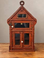 Antique Style Folk Art Wooden Wall Cabinet Gothic House Shape Glass Doors picture