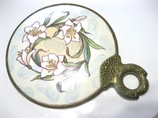 FABULOUS HAND PAINTED LILY PORCELAIN & BRASS EDWARDIAN HAND MIRROR w FINGER LOOP picture