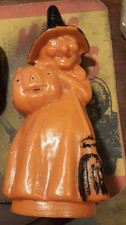 Vintage 1950 Wax Fanny Farmer Orange Witch W/JOL Broom Halloween Candy Container picture