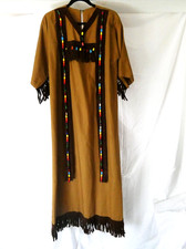 VTG 1960s Camp Fire Girls Ceremonial Gown Dress Fringed Wood Beads Handmade M/L picture