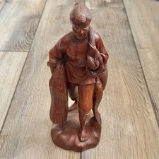 Vintage Happy Asian Fisherman Woman With Net Hand Carved Wooden Figure picture