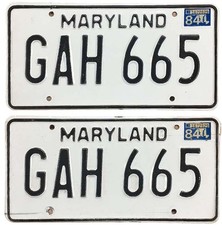 Vintage Maryland 1984 License Plate Pair Set GAH 665 Super Nice for YOM picture