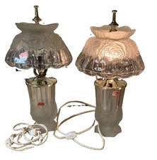 Pair Vintage Heavy Lead Crystal Boudoir Table Lamps Frosted Rose Portugal 14 picture