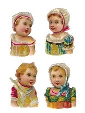 1888 Chromo decoupis, 4 Victorian BABY HEADS, Antique Die-Cut Scrap, 1-3/4