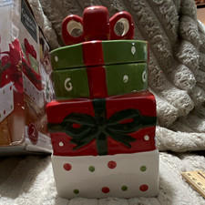 Gibson Home Christmas Estate Stoneware Cookie Jar - Stack of Gifts - in box picture