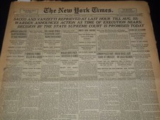 1927 AUGUST 11 NEW YORK TIMES - SACCO & VANZETTI REPRIEVED AT LAST HOUR- NT 9559 picture