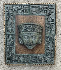 Vintage Aztec/Mayan‑Style Crushed Malachite Resin Mask Plaque on Wood – Zarebski picture