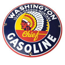 Vintage Washington Gasoline Sign - Indian Chief Gas Porcelain Service Pump Sign picture