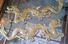 Vintage Pair Brass plate Asian Dragon Wall Hangings Made in India 12