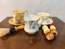 3 Piece Vintage Porcelain Shaving Mugs Scuttle Tops with Under Plates & Brushes picture