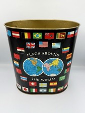 Vtg 1958 Hammond Flags Around The World Tin Litho Waste Basket Trash Can picture