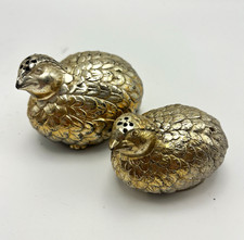 VTG 1970s Metal Quail Bird Salt & Pepper Shakers Set Silver Gold Plated MCM picture