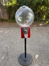 Vintage  Oak Gumball Machine with Red Base, Glass Globe and Stand picture